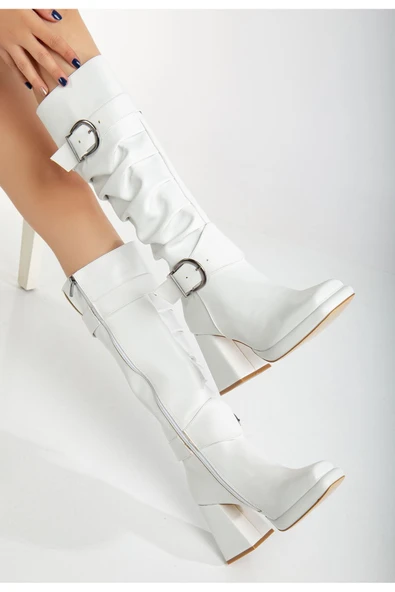 Janelle Beyaz Cilt Körüklü Küt Burun Kadın Topuklu Platform Çizme ürün görseli 1