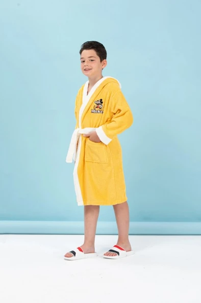 Özdilek Disney Lisanslı Mickey Mouse Happy Sarı Nakışlı 5-6 Yaş Kapüşonlu Çocuk Bornozu - 3