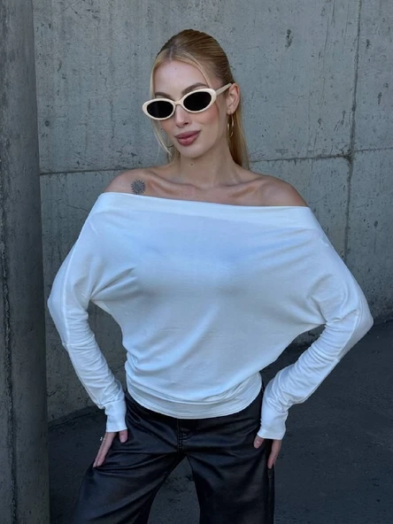 Yarasa Kol Geniş Yaka Siyah Bluz Bol Kesim Likralı Kumaş Düşük Omuz Üst - Resim 10