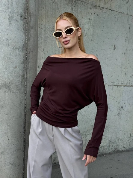 Yarasa Kol Geniş Yaka Siyah Bluz Bol Kesim Likralı Kumaş Düşük Omuz Üst - Resim 11