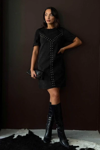 Kadın Siyah Zımba Detaylı Süet/Suni Deri Mini Elbise Kısa Kol Abiye Elbise - Resim 6