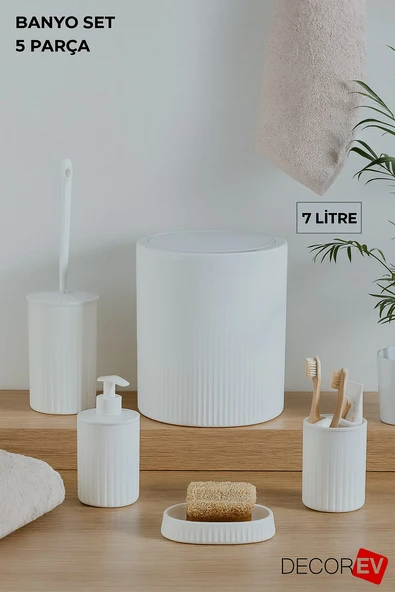 5 Parça Modern Çizgili Banyo Seti – Sabunluk, Sıvı Sabunluk, Diş Fırçalık, Tuvalet Fırçası ve Çöp Kovası (Beyaz) DC-6762 ürün görseli