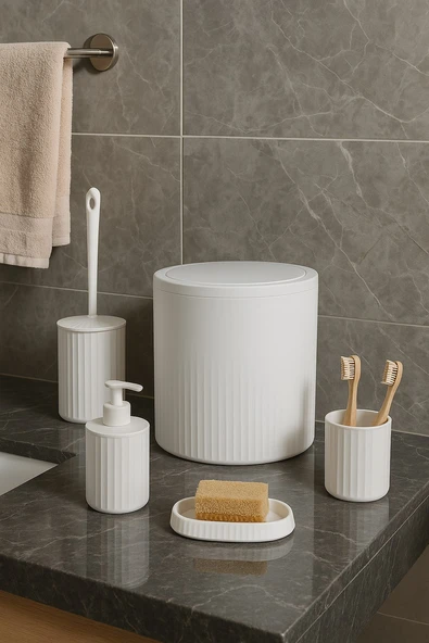 5 Parça Modern Çizgili Banyo Seti – Sabunluk, Sıvı Sabunluk, Diş Fırçalık, Tuvalet Fırçası ve Çöp Kovası (Beyaz) DC-6762 - Resim 2