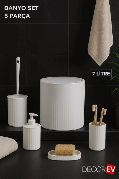 5 Parça Modern Çizgili Banyo Seti – Sabunluk, Sıvı Sabunluk, Diş Fırçalık, Tuvalet Fırçası ve Çöp Kovası (Beyaz) DC-6762 - Resim 3