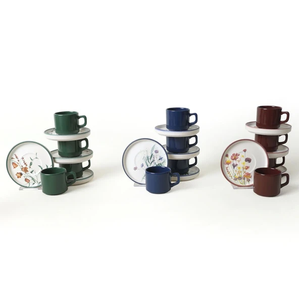 Keramika Stackable Çiçek Çay Fincan Takımı 8 Parça 3 ADET