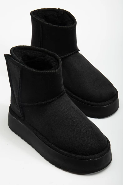 Mini Cırtcırtlı Siyah Süet Yarım Bot içi Tüylü Düz Taban Kadın Ayakkabı - Resim 2