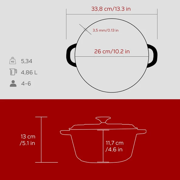 Lava Döküm Yuvarlak Tencere Döküm Demir Kapak New Heritage Serisi Çap(Ø)26cm.-Bordo - Resim 5
