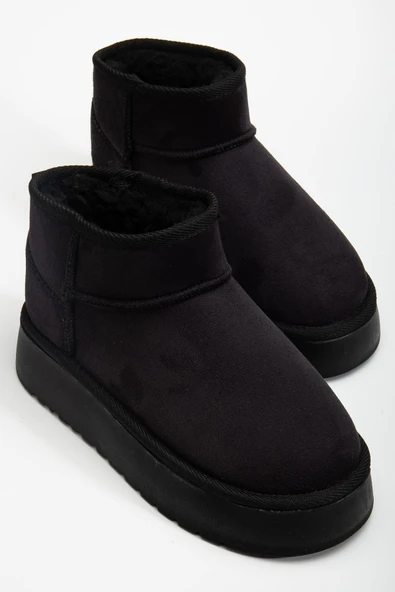 Mini Siyah Süet Yarım Bot içi Tüylü Düz Taban Kadın Ayakkabı