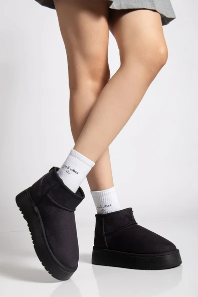 Mini Siyah Süet Yarım Bot içi Tüylü Düz Taban Kadın Ayakkabı - 4