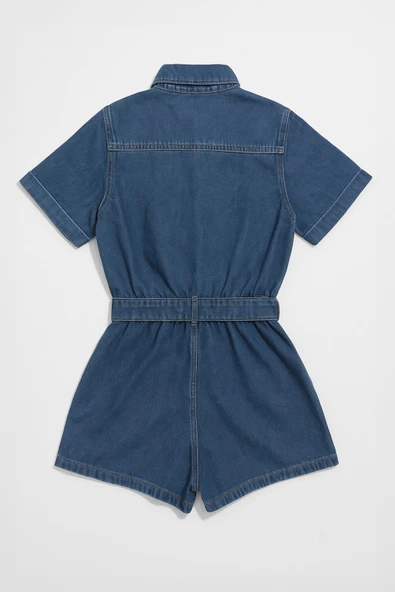 Kadın Kısa Kollu Fermuarlı Jean Tulum Şort - 3