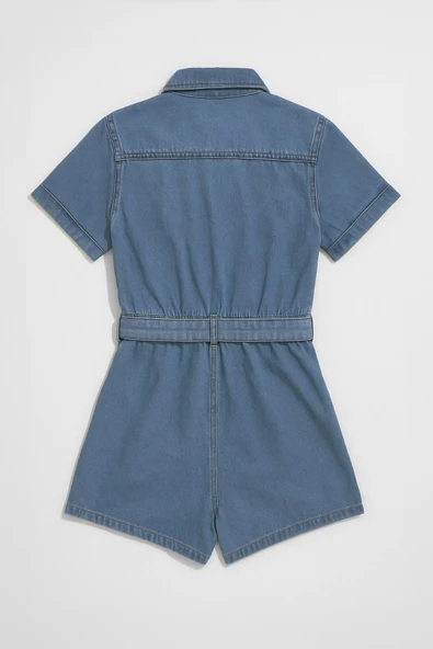 Kadın Kısa Kollu Fermuarlı Jean Tulum Şort - 5