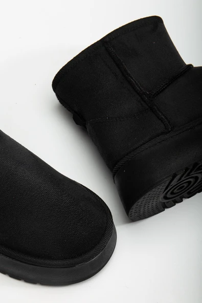 Mini Cırtcırtlı Siyah Süet Yarım Bot içi Tüylü Düz Taban Kadın Ayakkabı - Resim 4