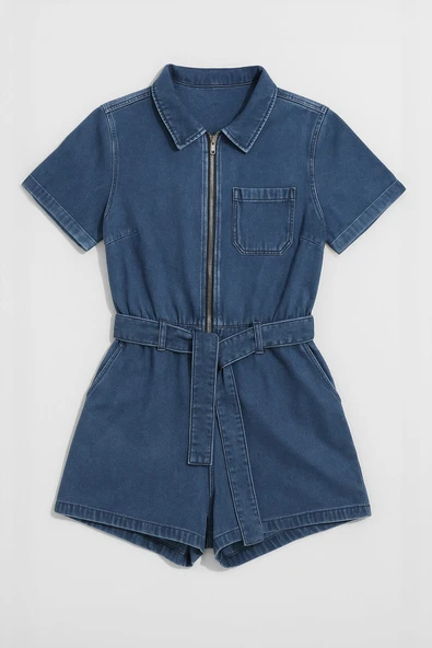 Kadın Kısa Kollu Fermuarlı Jean Tulum Şort - 2