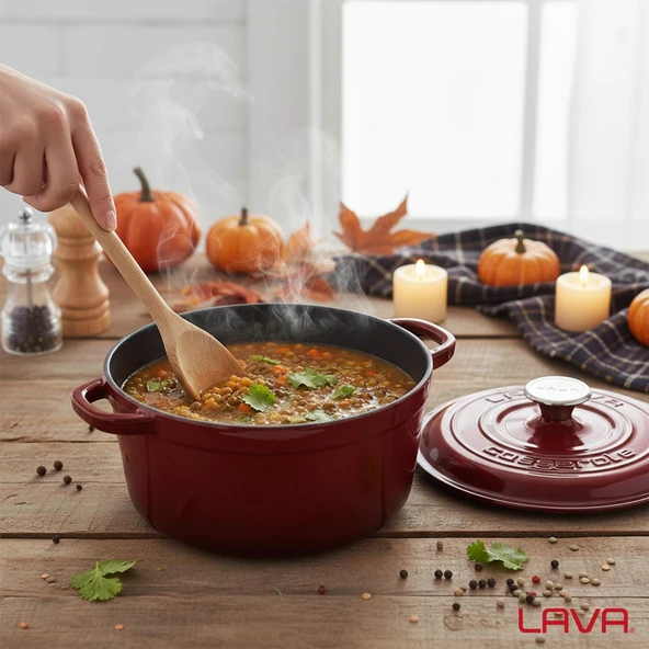 Lava Döküm Yuvarlak Tencere Döküm Demir Kapak New Heritage Serisi Çap(Ø)26cm.-Bordo - Resim 7