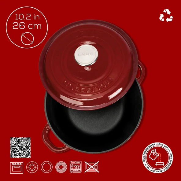 Lava Döküm Yuvarlak Tencere Döküm Demir Kapak New Heritage Serisi Çap(Ø)26cm.-Bordo - Resim 4