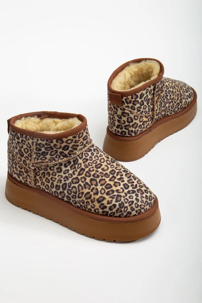 Mini Leopar Süet Yarım Bot içi Tüylü Düz Taban Kadın Ayakkabı - Resim 2