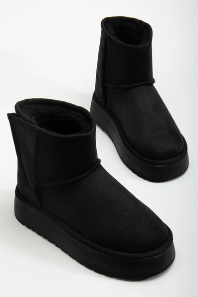 Mini Cırtcırtlı Siyah Süet Yarım Bot içi Tüylü Düz Taban Kadın Ayakkabı - Resim 3