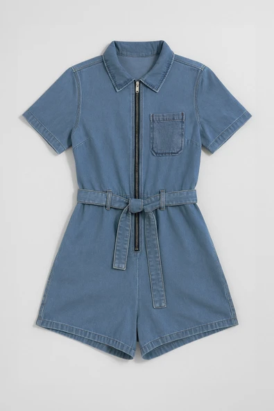 Kadın Kısa Kollu Fermuarlı Jean Tulum Şort - 4