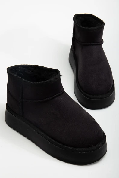 Mini Siyah Süet Yarım Bot içi Tüylü Düz Taban Kadın Ayakkabı - 2