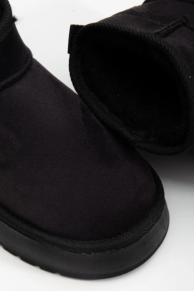 Mini Siyah Süet Yarım Bot içi Tüylü Düz Taban Kadın Ayakkabı - 3