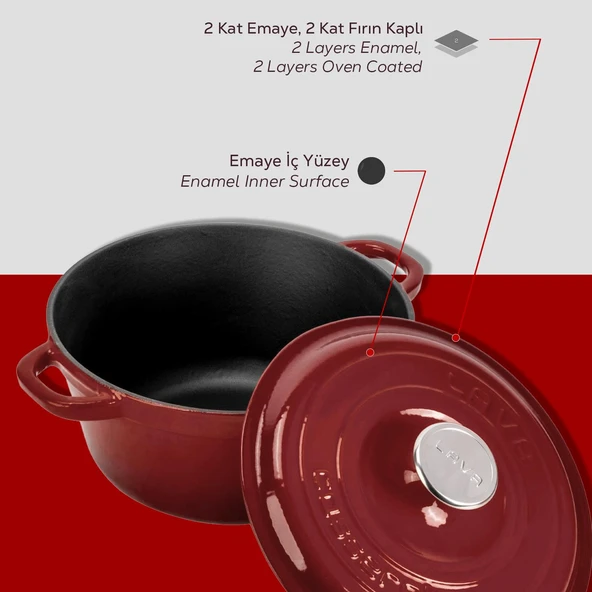 Lava Döküm Yuvarlak Tencere Döküm Demir Kapak New Heritage Serisi Çap(Ø)26cm.-Bordo - Resim 6