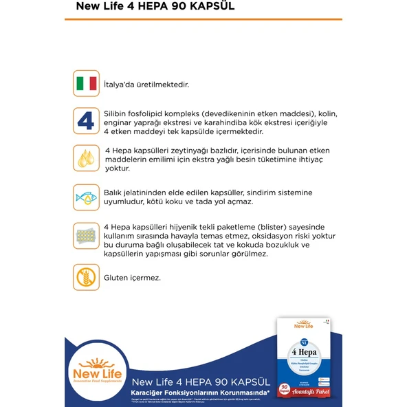 New Life 4 Hepa 90 Yumuşak Kapsül - Silibin Fosfolipid - Kolin - Enginar Yaprağı ve Karahindiba Kök Ekstresi - 2