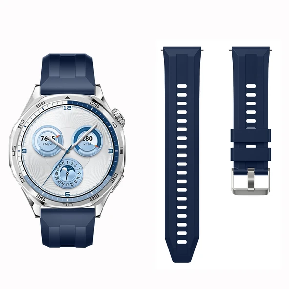 Sneezy Huawei Watch GT5 46mm İle Uyumlu Spor Silikon Metal Tokalı Soft Saat Kordonu  Lacivert - Resim 4