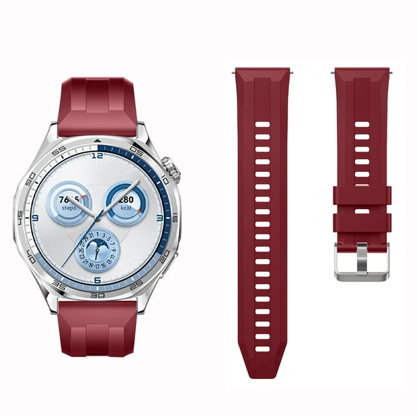 Sneezy Huawei Watch GT5 46mm İle Uyumlu Spor Silikon Metal Tokalı Soft Saat Kordonu  Mürdüm - Resim 4