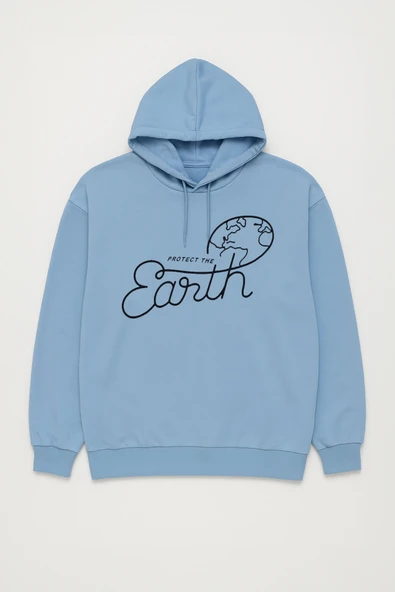 Kadın Kapüşonlu Dünya Baskılı Mavi Sweatshirt ürün görseli 1