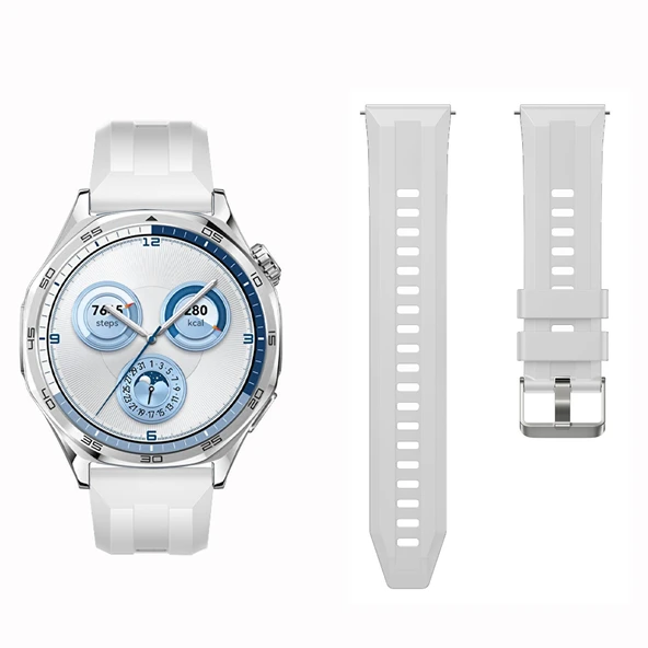 Sneezy Huawei Watch GT5 46mm İle Uyumlu Spor Silikon Metal Tokalı Soft Saat Kordonu  Beyaz - Resim 4