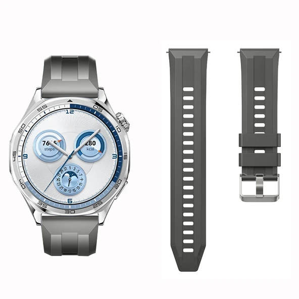 Sneezy Huawei Watch GT5 46mm İle Uyumlu Spor Silikon Metal Tokalı Soft Saat Kordonu  Koyu Gri - Resim 4