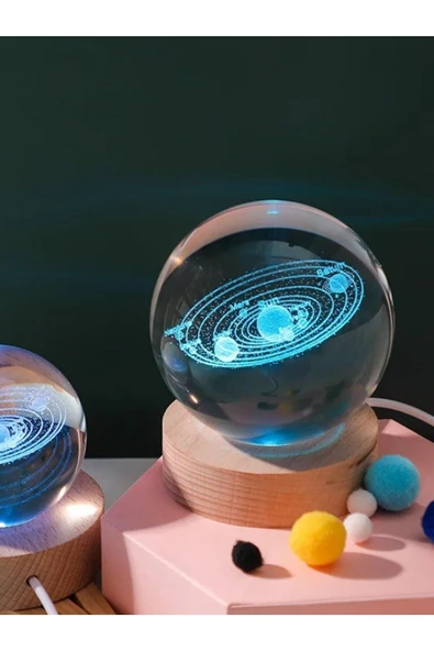 Ledli USB'li Ahşap Standlı Güneş Sistemi Küre Temalı Kristal Renkli RGB 3D Oda Masa ve Gece Lambası ürün görseli 1