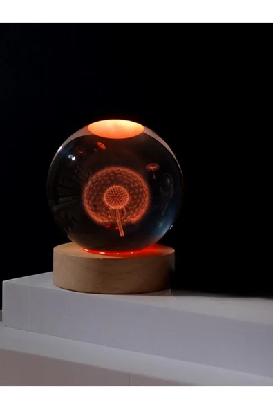 Ledli USB'li Ahşap Standlı Karahindiba Temalı Kristal Küre Renkli RGB LED 3D Oda Masa Gece Lambası - Resim 2