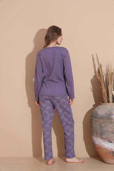 Lindros Kadın Pamuk'lu Düğme Yaka Raporlu İnterlok KIŞLIK Pijama Takımı 05035 - 1 Adet   L Mor - Resim 5