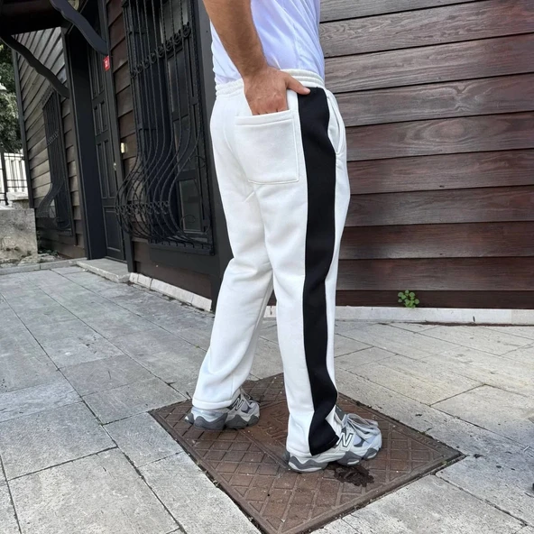 Erkek Üç İplik Kışlık Pamuklu Yandan Garneli Kalın Şeritli Cepli Eşofman Altı - Beyaz - Resim 4