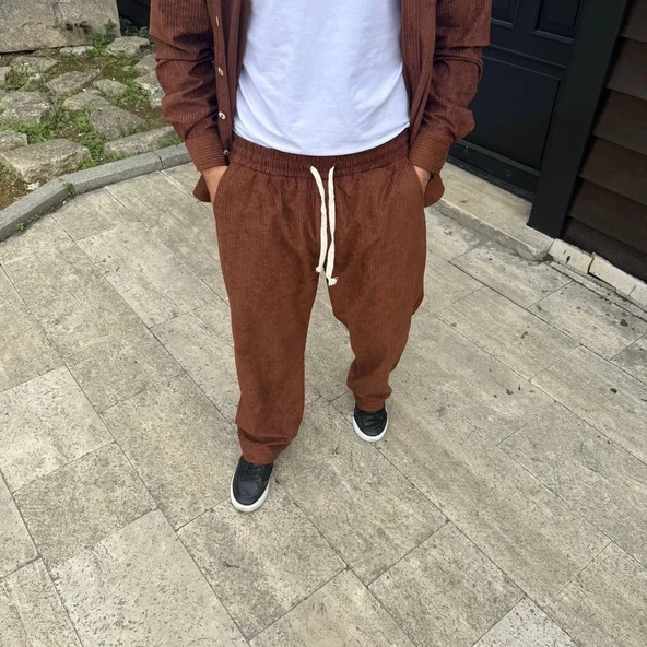 Erkek Fitilli Kadife Cepli Buggy Pantolon Oversize Rahat Kalıp - Kahverengi - Resim 3