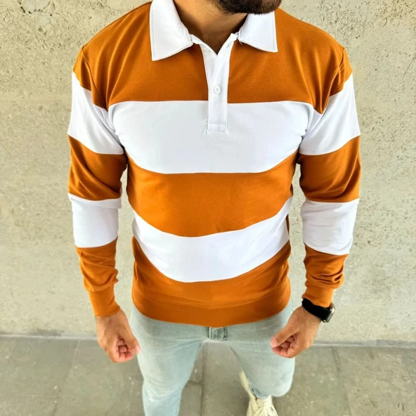 Erkek Polo Yaka Uzun Kollu Çizgili Sweatshirt Trend Rugby Stil - Turuncu - Resim 2