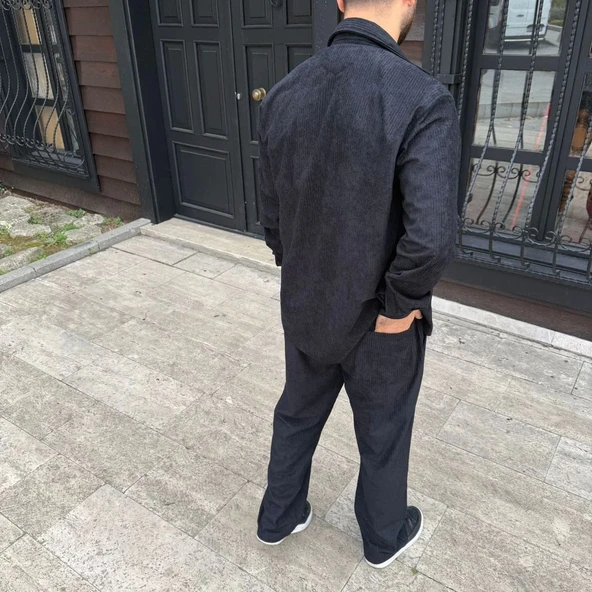 Erkek Fitilli Kadife Cepli Buggy Pantolon Oversize Rahat Kalıp - Siyah - Resim 4