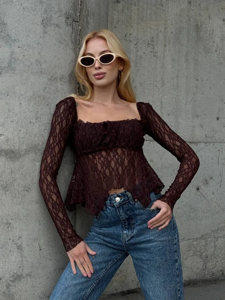 Ekru Peplum Etek Ucu Fırfırlı Güpür Bluz Uzun Kol Bağlama Detaylı Kare Yaka Şık Bluz - Resim 12