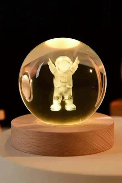 Ledli USB'li Ahşap Standlı Astronot Temalı Kristal Küre Renkli RGB Led 3D Oda Masa ve Gece Lambası - Resim 3