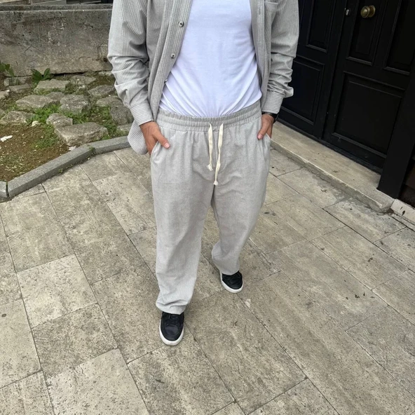 Erkek Fitilli Kadife Cepli Buggy Pantolon Oversize Rahat Kalıp - Gri - Resim 3