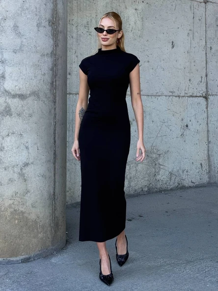 Kadın Yarım Balıkçı Yaka Kısa Kol Midi Elbise Vücudu Saran Fit Basic Elbise - Resim 10