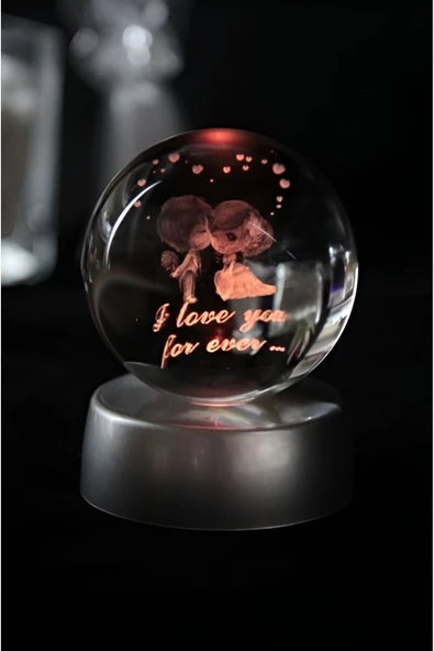 Ledli USB'li Plastik Standlı Sevgili Çiftler I Love You Forever Kristal Küre Renkli RGB Led 3D Lamba - Resim 5