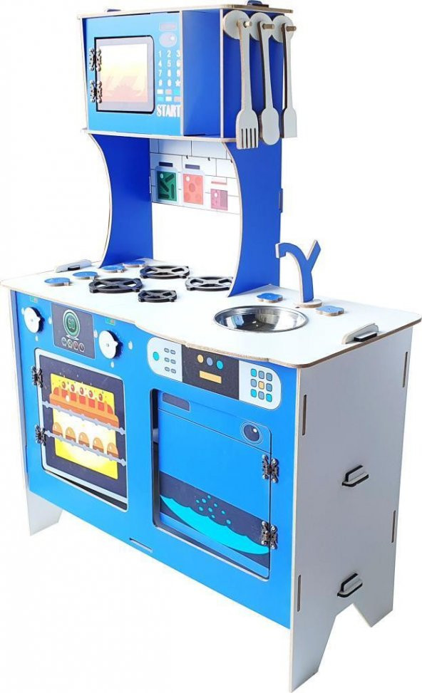 Woodylife Ahşap Çocuk Oyuncak Mutfak Seti104 cm UV Baskılı Pastalı Mavi Evcilik Oyuncak Kutu - 3
