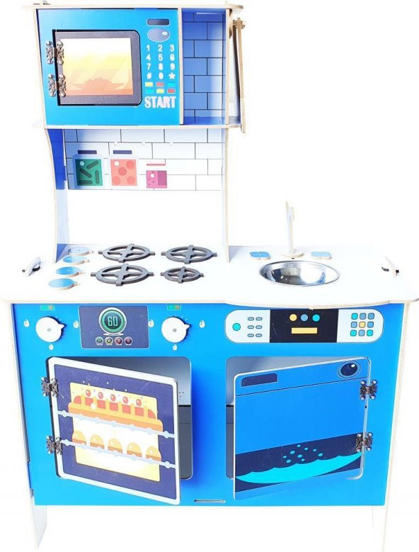 Woodylife Ahşap Çocuk Oyuncak Mutfak Seti104 cm UV Baskılı Pastalı Mavi Evcilik Oyuncak Kutu - 4
