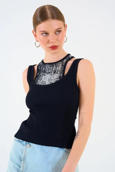 İçi Baskılı Halter Yaka Kaşkorse Atlet - Siyah - Resim 2