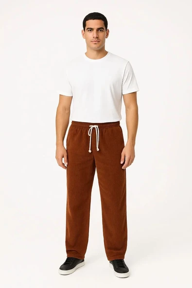 Erkek Fitilli Kadife Cepli Buggy Pantolon Oversize Rahat Kalıp - Kahverengi ürün görseli 1