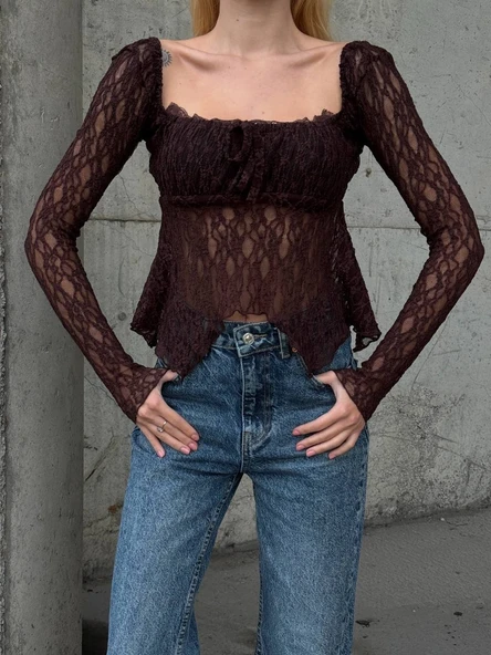 Ekru Peplum Etek Ucu Fırfırlı Güpür Bluz Uzun Kol Bağlama Detaylı Kare Yaka Şık Bluz - Resim 10