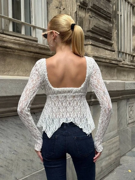 Ekru Peplum Etek Ucu Fırfırlı Güpür Bluz Uzun Kol Bağlama Detaylı Kare Yaka Şık Bluz - Resim 9