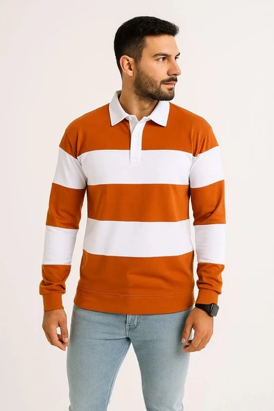 Erkek Polo Yaka Uzun Kollu Çizgili Sweatshirt Trend Rugby Stil - Turuncu ürün görseli 1